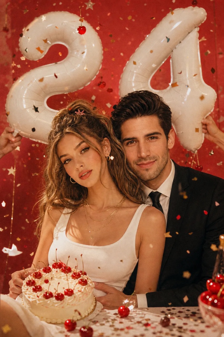 Young couple posing at a 24th birthday party with a cherry cake, number balloons and festive confetti.