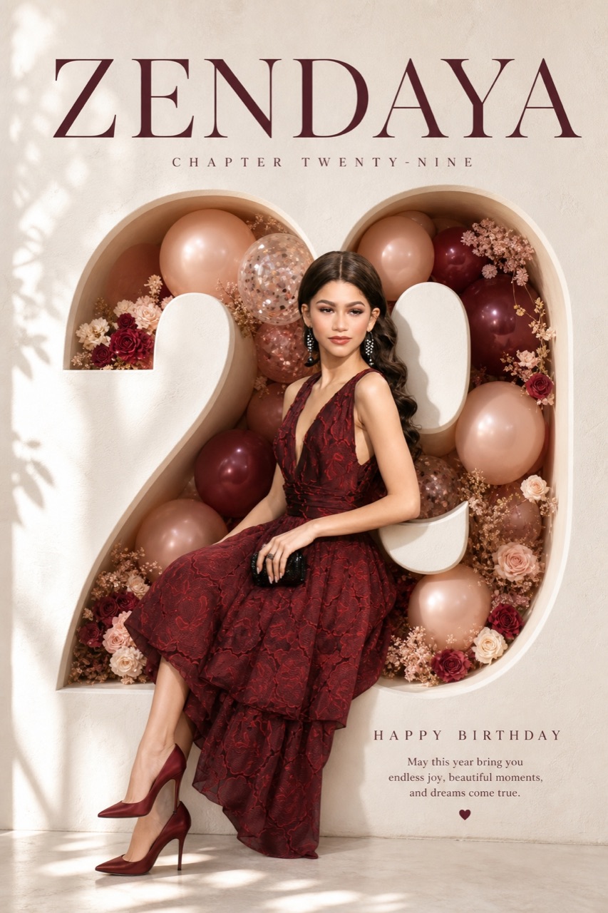 Elegant woman sitting inside a giant sculpted 29 birthday number surrounded by burgundy balloons and flowers on a luxury birthday poster.