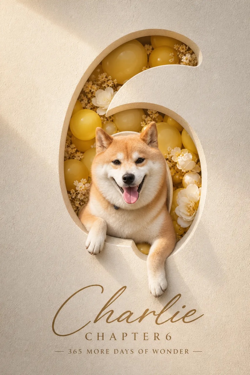 Smiling Shiba Inu dog emerging from a giant number 6 decorated with yellow balloons and flowers in a luxury birthday poster.