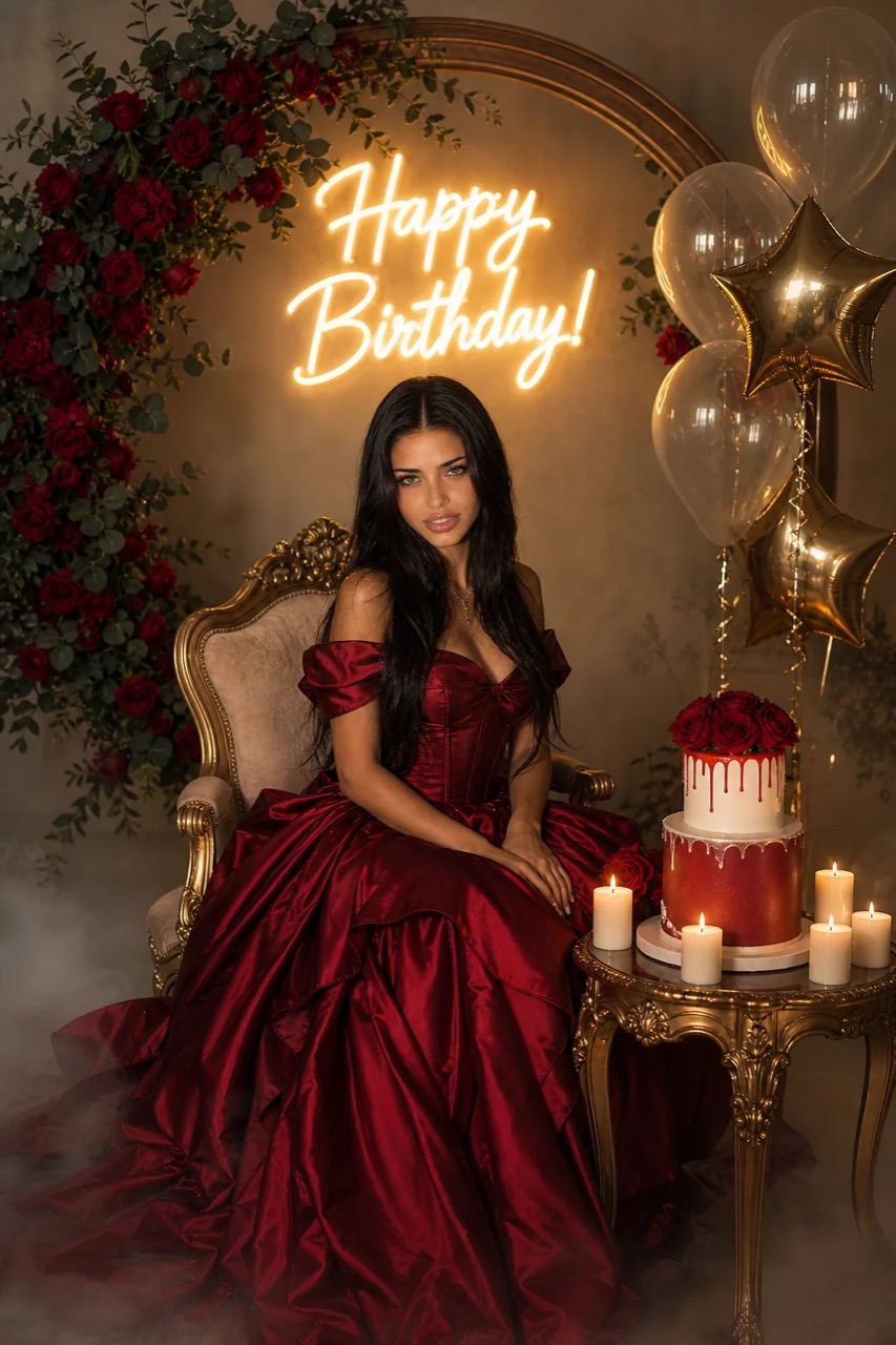 Elegant woman in a red ball gown sitting beside a birthday cake with candles, balloons and glowing happy birthday sign.