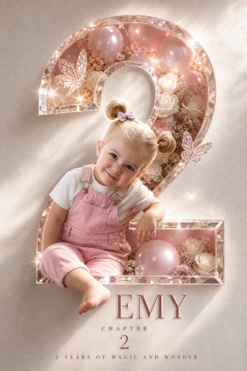Two-year-old child leaning out of a crystal glass number 2 filled with pink balloons, flowers and sparkling butterflies.