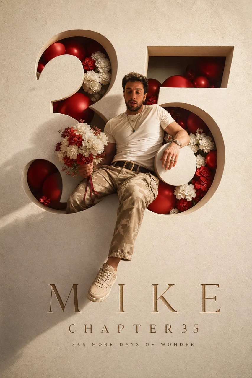 Adult man seated inside a giant number 35 decorated with red balloons and white flowers in a luxury milestone birthday poster.