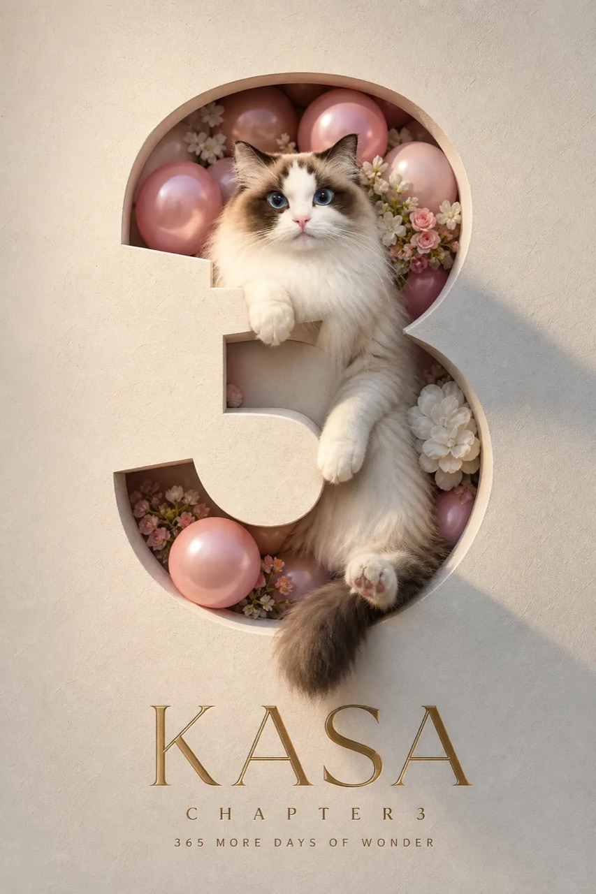 Blue-eyed ragdoll cat emerging from a giant number 3 surrounded by pink balloons and floral birthday decorations.