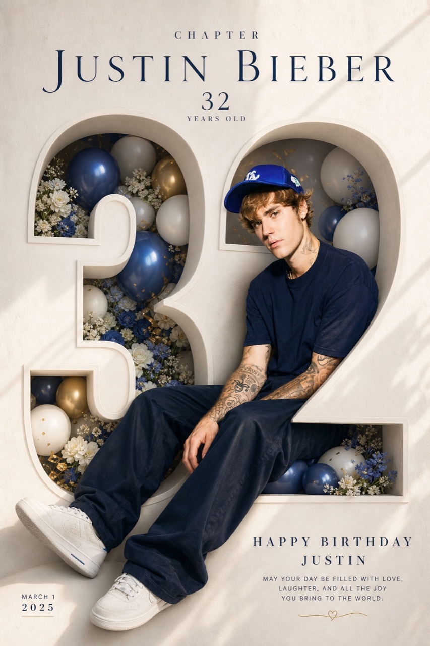 Young man sitting inside a giant 32 birthday number with blue and white balloons in a luxury chapter-themed birthday poster.