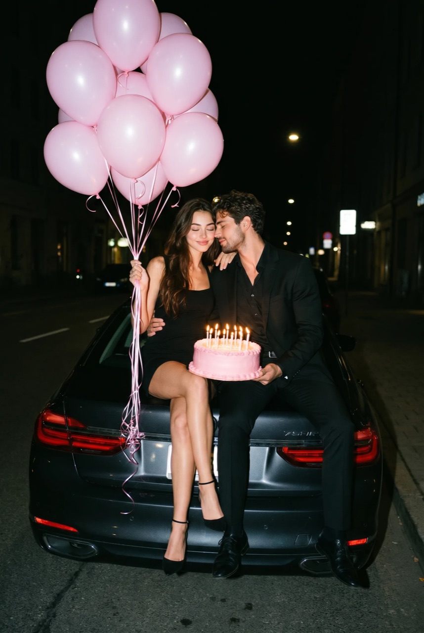 Stylish young couple celebrating a birthday on the back of a luxury car at night with pink balloons and a birthday cake.