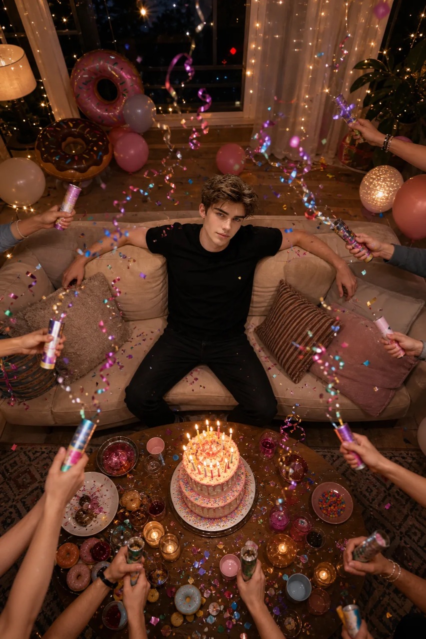 Young man sitting on a sofa surrounded by friends celebrating a birthday with cake, confetti and party decorations.